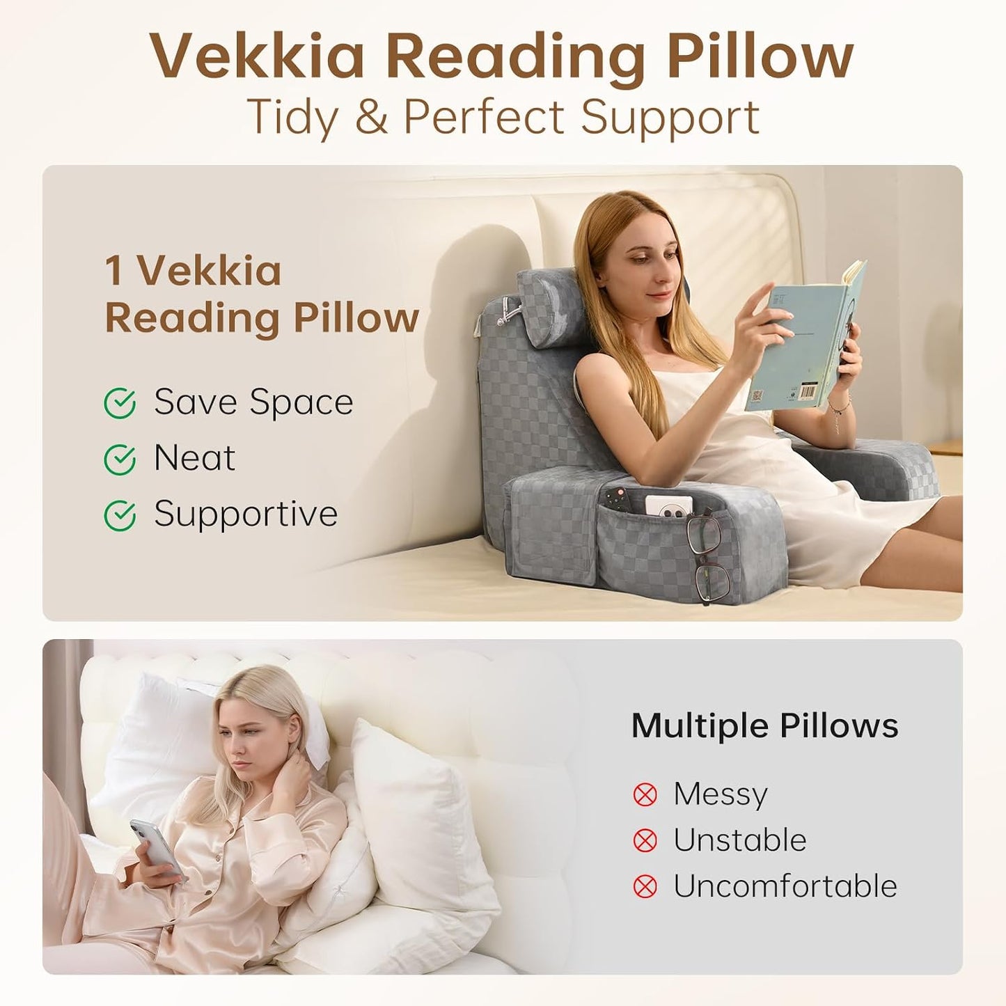 Vekkia 19'' Reading Pillow for Adults with XL Side Pockets, Adjustable Arms | 45° Back Support Chair for Sitting in Bed, Washable Cover, Perfect for Gaming, Watching TV, Relaxing, or Recovery, Gift Idea