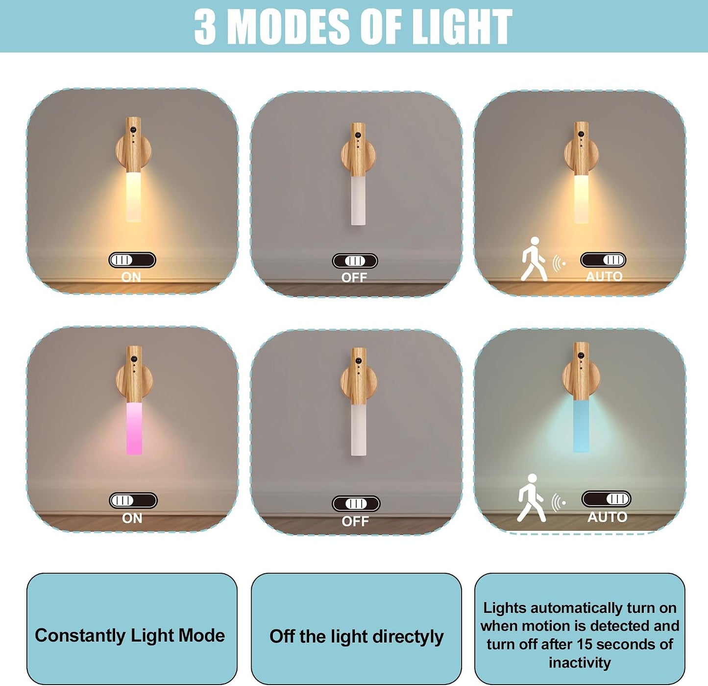 LANDGOO LED Magnetic Wall Sconces Lights Automatic Motion Sensor Wireless Wall Mounted Lamp Rechargeable Battery Operated Indoor 360° Rotation for Bedroom Living Room (Black Walnut Wood 1PC)