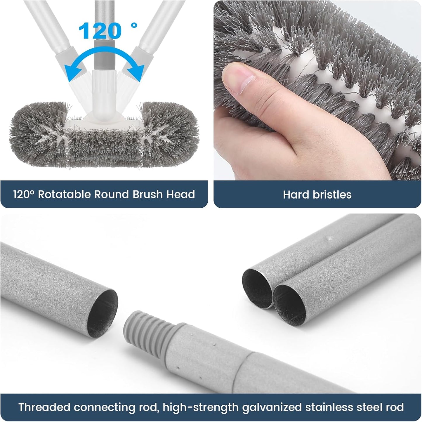 Hoklnuse Deck Brush with 51" Long Handle 360° Cylindrical Scrub Cleaner Tool for Cleaning Boat Pool Bathroom Ground 120° Swivel Floor Scrubber for Tile Grout Patio Tub Spa Adjustable Pole