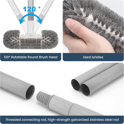 Hoklnuse Deck Brush with 51" Long Handle 360° Cylindrical Scrub Cleaner Tool for Cleaning Boat Pool Bathroom Ground 120° Swivel Floor Scrubber for Tile Grout Patio Tub Spa Adjustable Pole