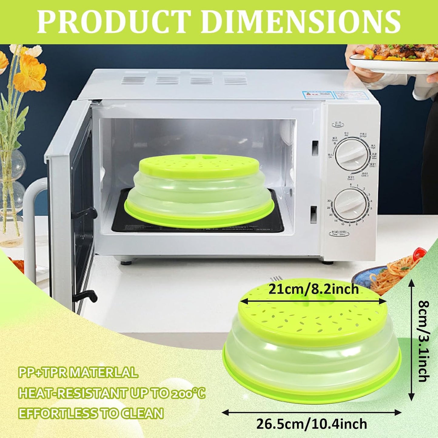 3 in 1 Microwave Splatter Cover 2 Pack Collapsible Food Cover for Food Heat Resistant Microwave Plate & Dish Cover with Handle Vented Silicone Splatter Guard Lid(Green)