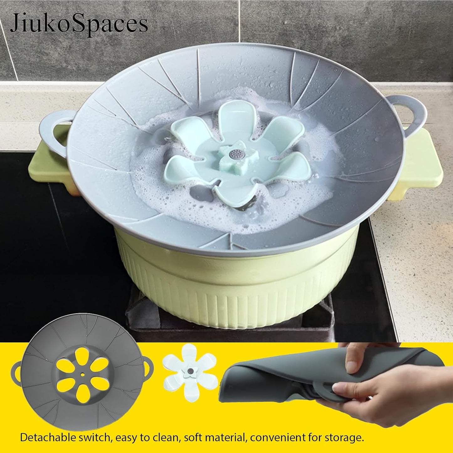 Spill Stopper Lid Cover, Boil Over Spill Stopper, Silicone Pot Lid, 10.24" Spill Stopper, Microwave Splatter Cover with Vents, Multi-Function Kitchen Tool (Yellow)