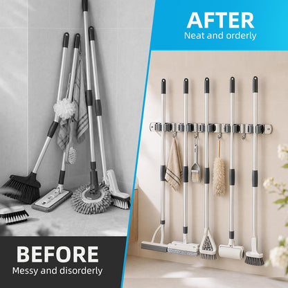 Foensc 5 Racks and 4 Hooks Mop and Broom Holder Wall Mount, Improved Non-Slip Broom Hanger Wall Mount, Self Adhesive Broom Organizer Storage Tool Racks for Home Kitchen Garden Laundry Garage