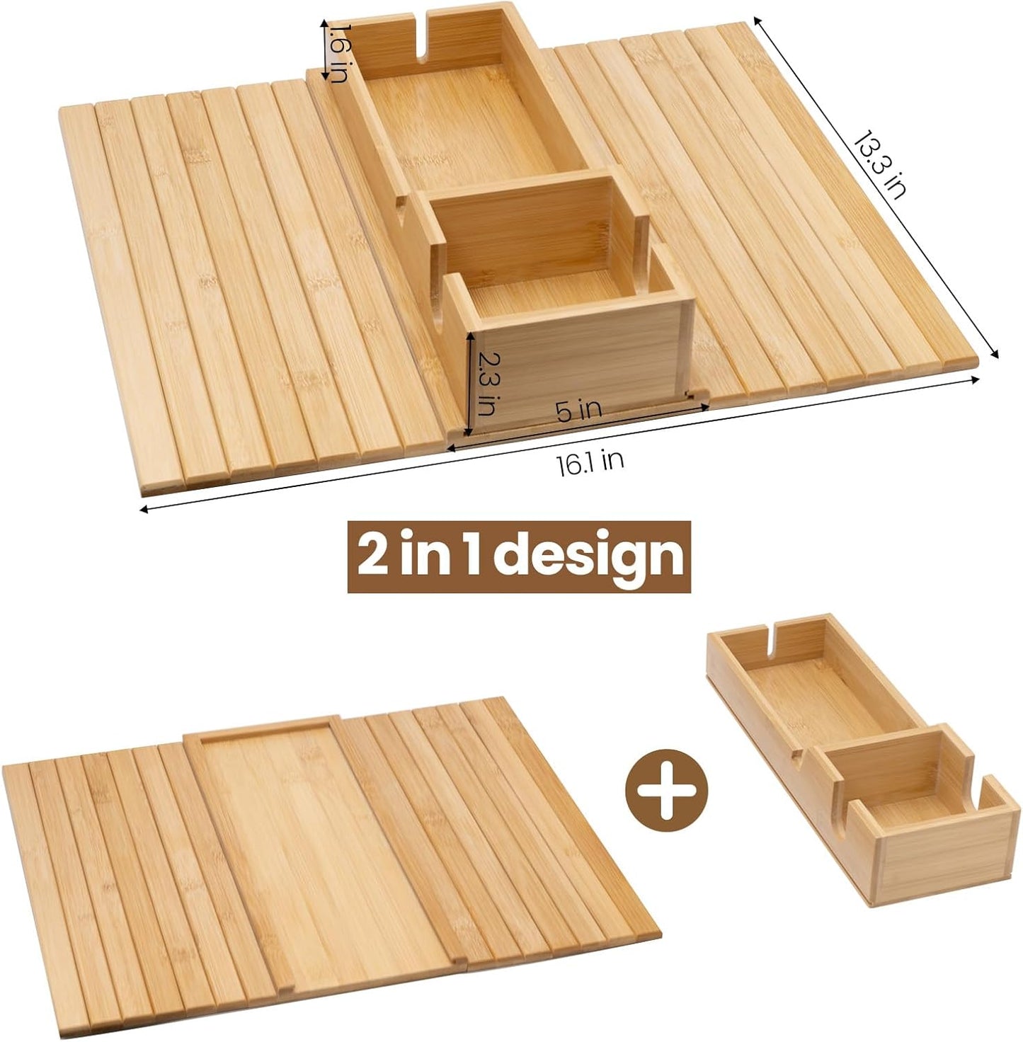 Bamboo Sofa Armrest Tray - Couch Arm Tray with Detachable Couch Cup Holder - 2 in 1 Anti-Slip Foldable Sofa Armchair Caddy Table - Cup Holder for Drinks Cellphone Snacks, Remote
