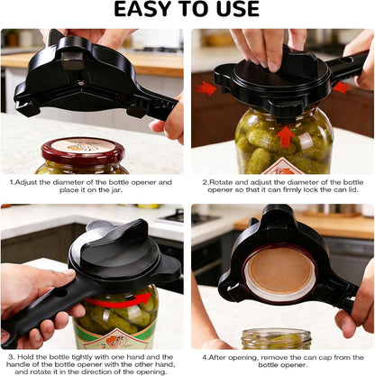 4-in-1 Heavy Duty Jar Opener for Seniors and Weak Hands – Ergonomic Manual Bottle Opener for Small to Large Lids – Multifunction Kitchen Tool for Arthritic Hands, Beer, Sauces & Canned Goods