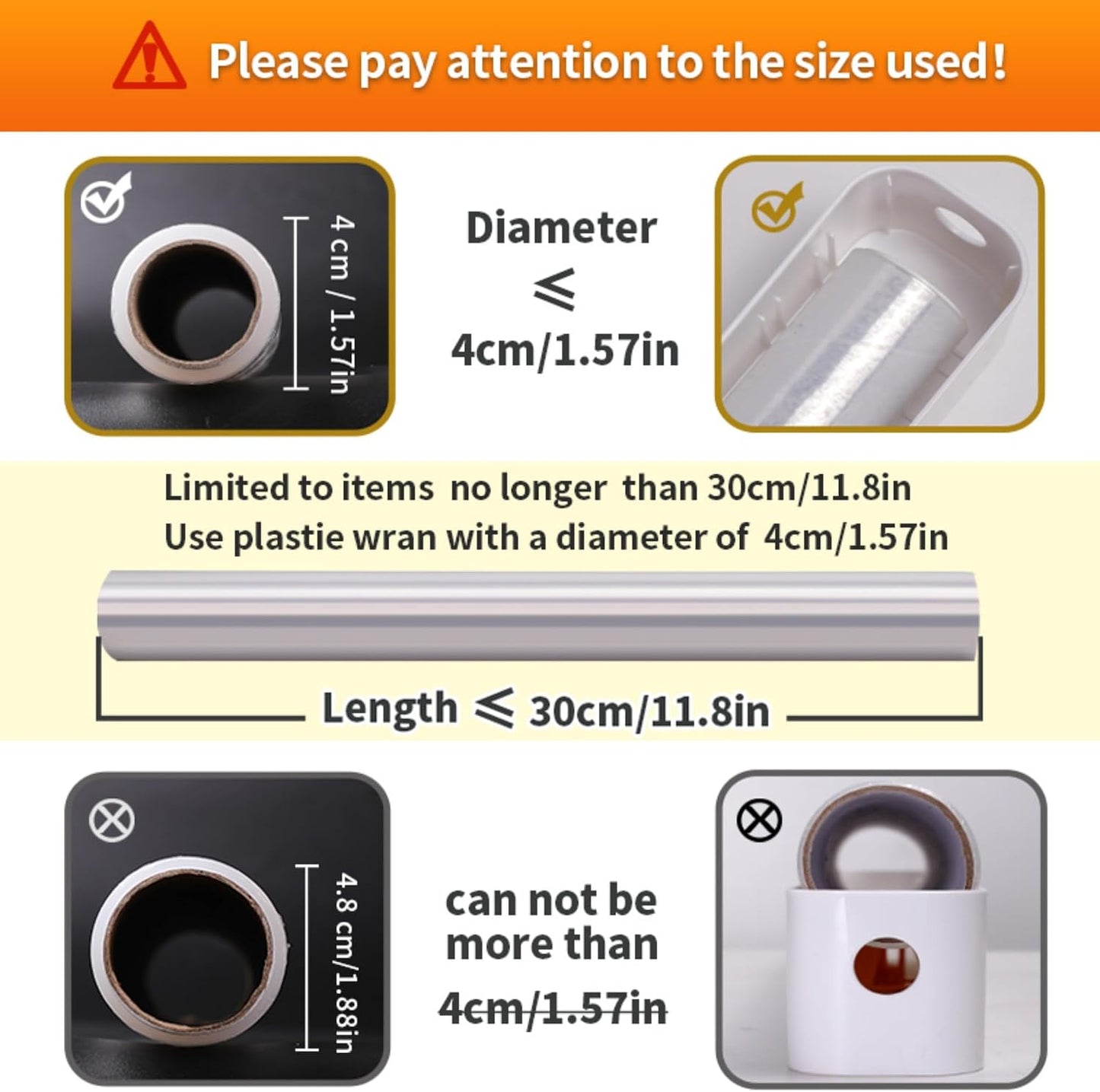 Plastic Wrap Dispenser with Slide Cutter, Cling Film Dispenser with Safe Hidden Blade, Easy Refill Food Wrap Holder Fits 12 Inch Standard Rolls, Countertop Kitchen Wrap Organizer