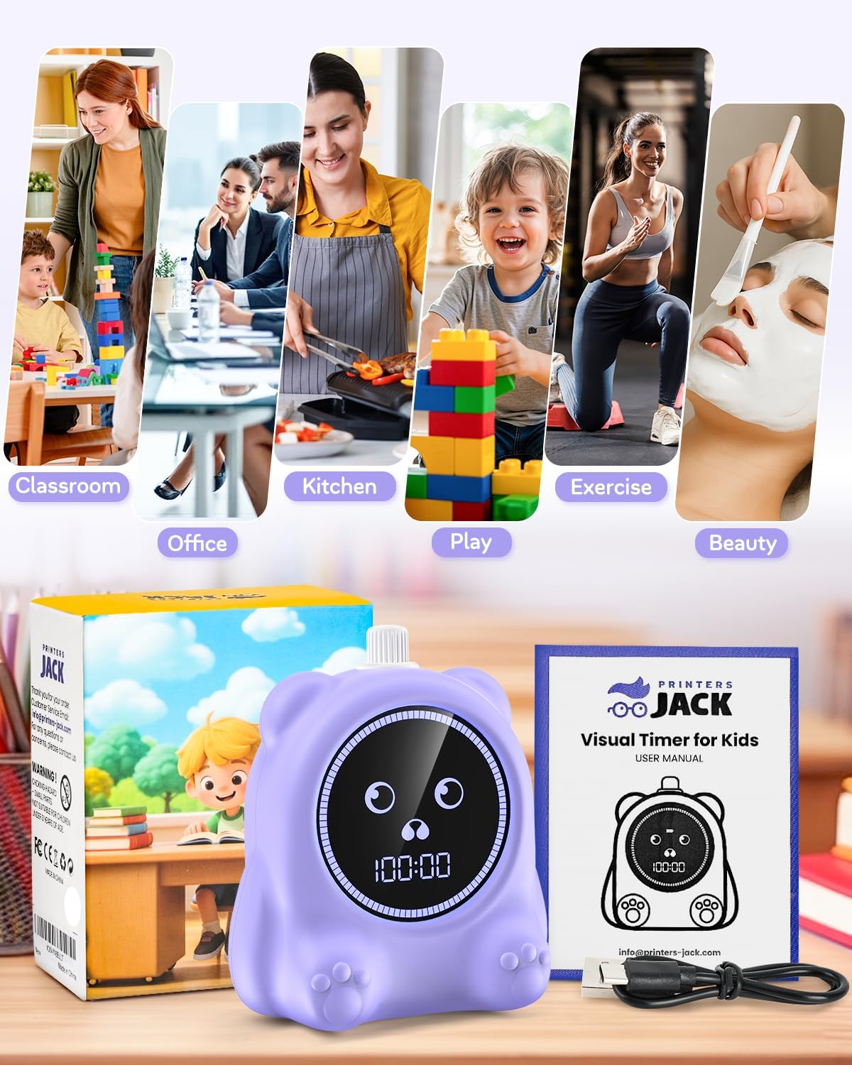Visual Timer for Kids, 100 Min, Rechargeable Countdown Timers, Adjustable Sound Alert, Adjustable Brightness, Productivity Timers for ADHD, Silent Operation, Desk Time Management Tool for Toddler