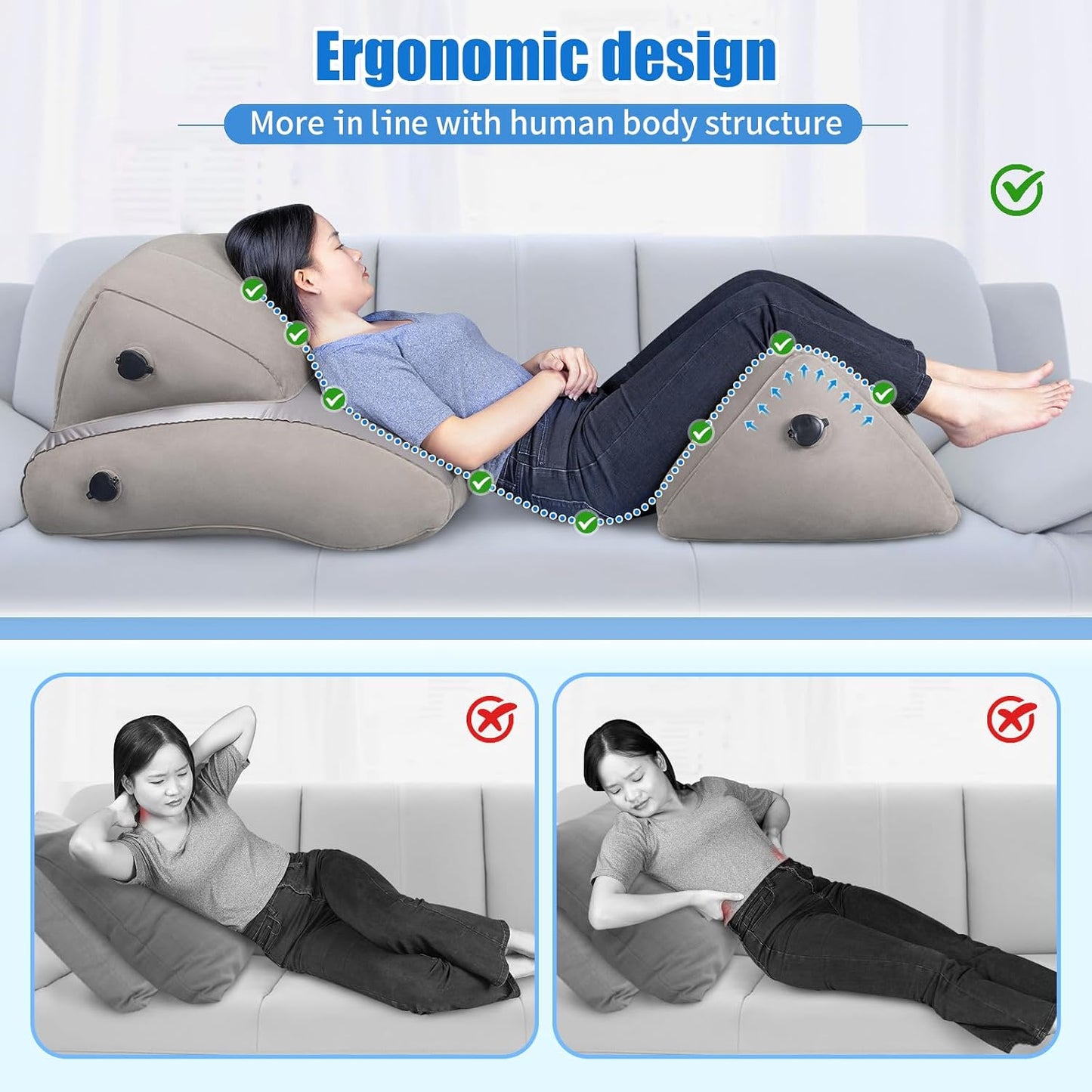 SAHEYER Inflatable Bed Wedge Pillow Set, 2 PCS Post Surgery Support Pillow for Back, Knees, Leg Pain Relief, Adjustable Sitting Pillows for Anti Snoring, Heartburn, GERD Sleeping (Grey)