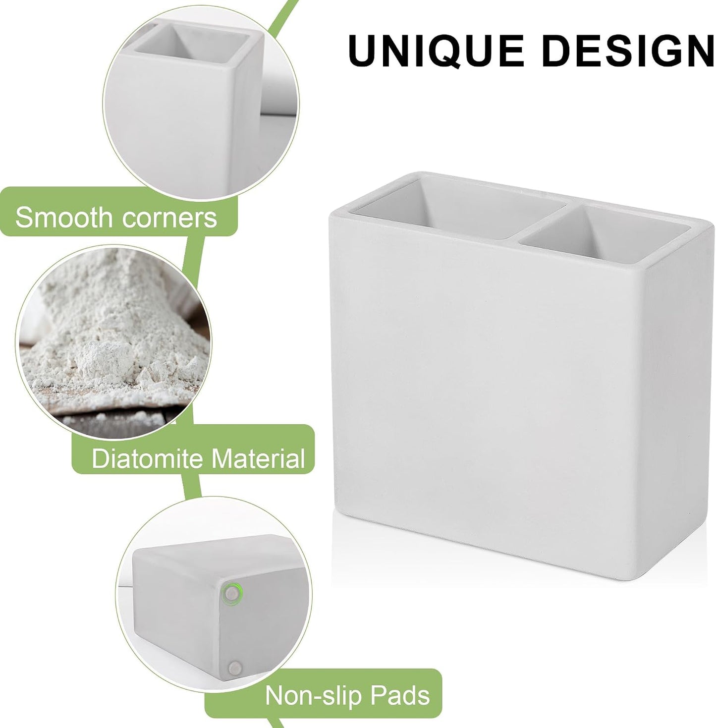 Diatomite Toothbrush Holder Toothpaste Organizer, Marble White | Quick Drying, Non-Slip, 2 Slots Kids Electric Tooth Brush Holder for Bathroom, for Countertop, Shower, Vanity