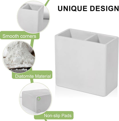 Diatomite Toothbrush Holder Toothpaste Organizer, Marble White | Quick Drying, Non-Slip, 2 Slots Kids Electric Tooth Brush Holder for Bathroom, for Countertop, Shower, Vanity