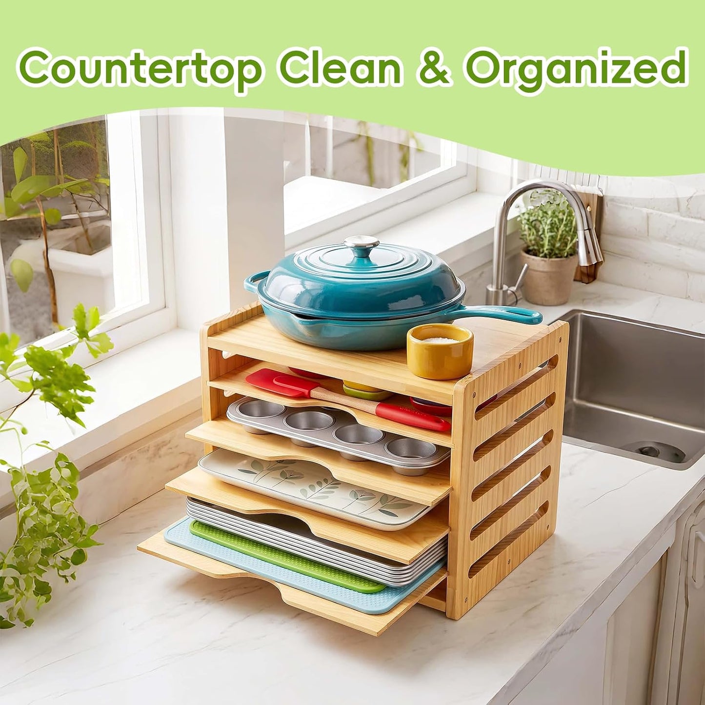6 Tier Cookie Sheet Pan Organizer for Kitchen Cabinet | Sturdy Natural Solid Wood, Easy Assembly, Vertical Tray Divider for Baking Sheets, Platters, Cutting Boards