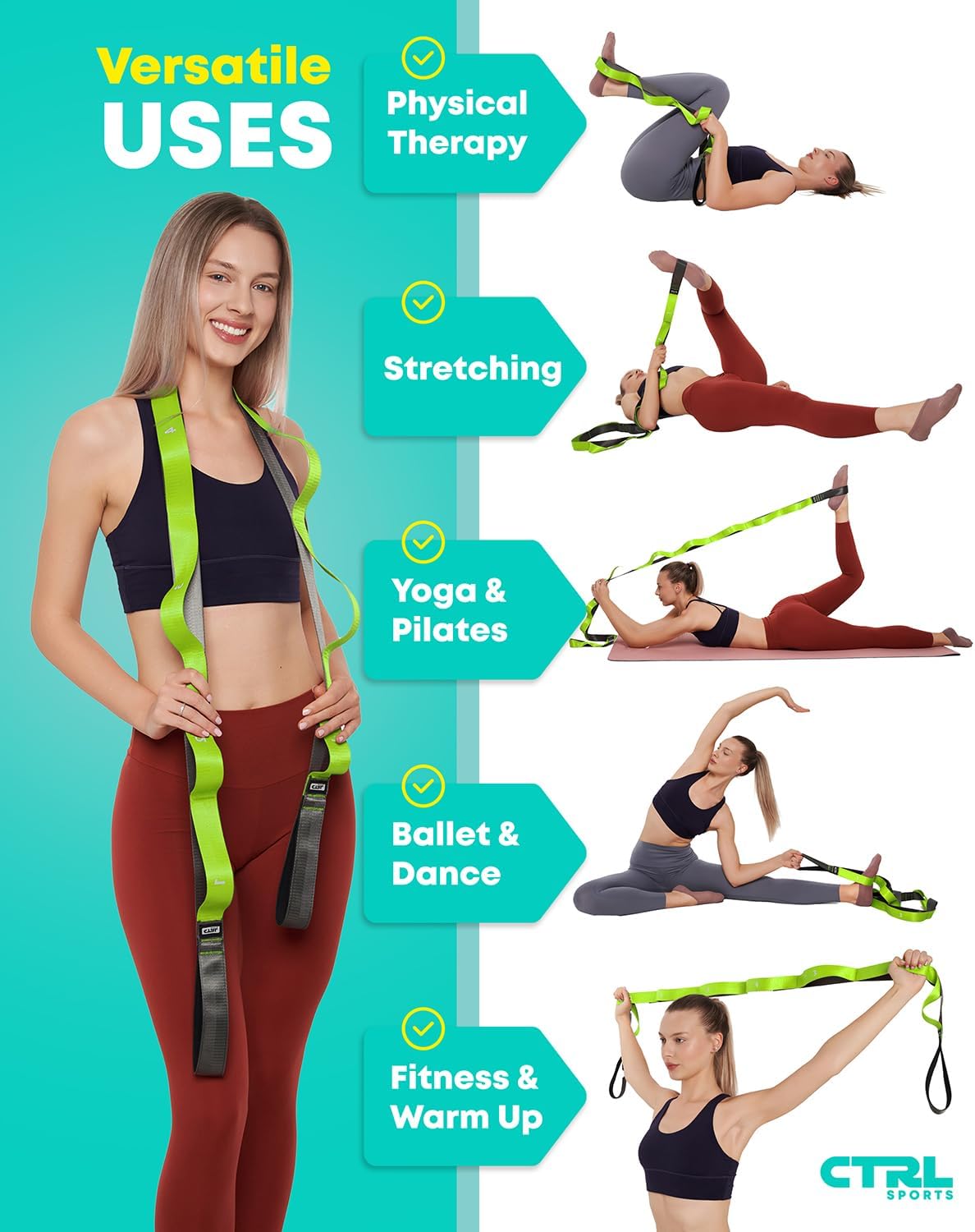 Stretching Strap with Loops - Non Elastic Yoga Strap for Physical Therapy | Video Exercises Included - Stretch bands for Stretching Equipment and Flexibility - Fascia, Hamstring & Leg Stretcher Belt