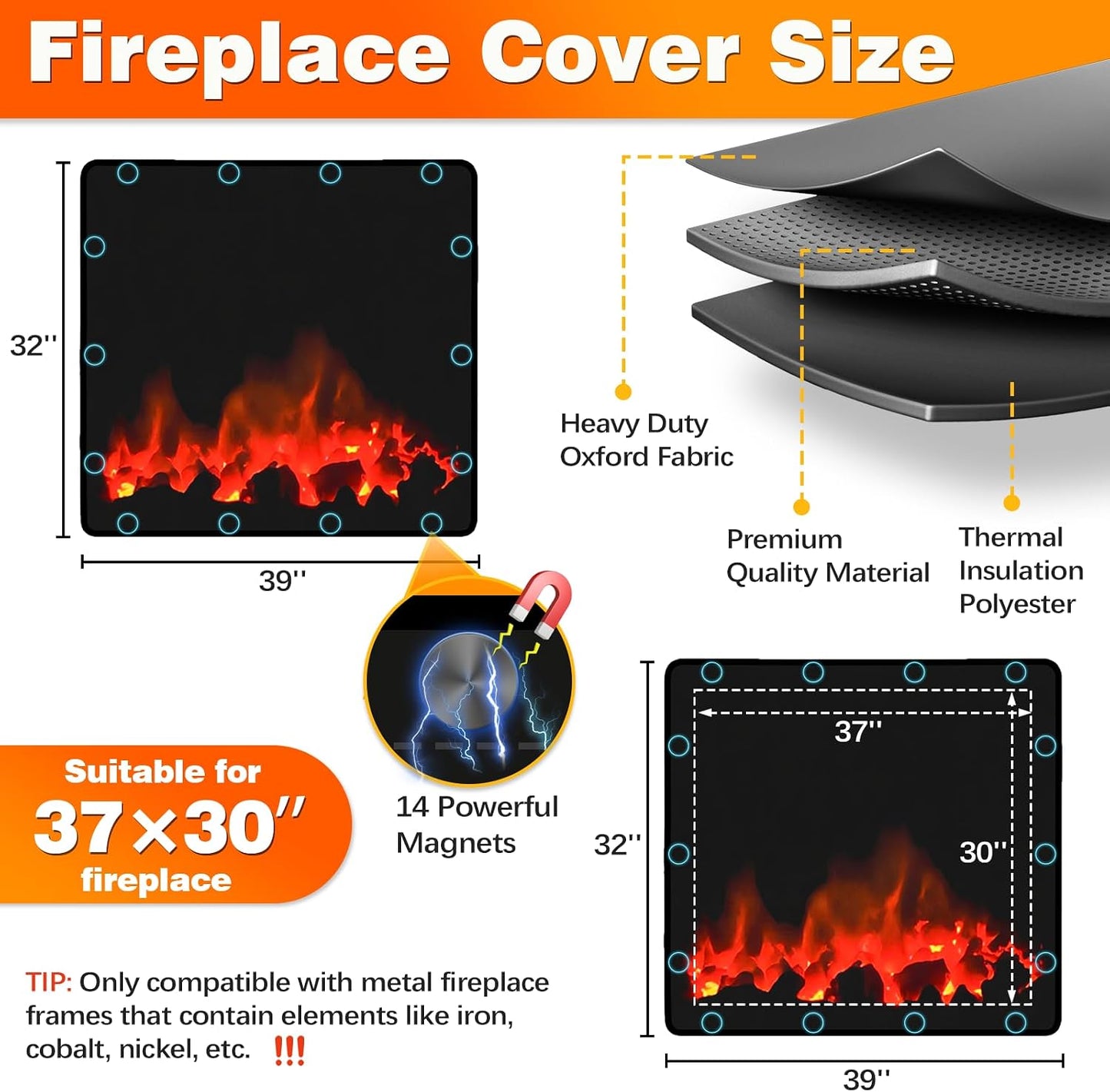 Magnetic Fireplace Cover, Fireplace Blocker Blanket Stops Heat Loss36"x32" | Indoor Fireplace Draft Stopper Cover Keep Drafts Out with Built-in 12 Strong Magnet for Iron Fire place Frame