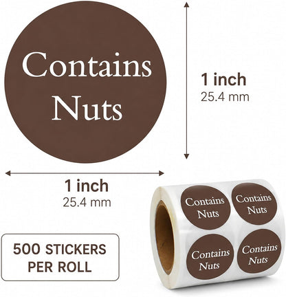 Contains Nuts Stickers Round Allergies Food Rotation Labels Allergy Sticker | 1" Allergen Allergy Warning Sticker Per Roll Retail Packaging Stickers for Jars Glass Bottle,Retail Packaging 500 Pcs