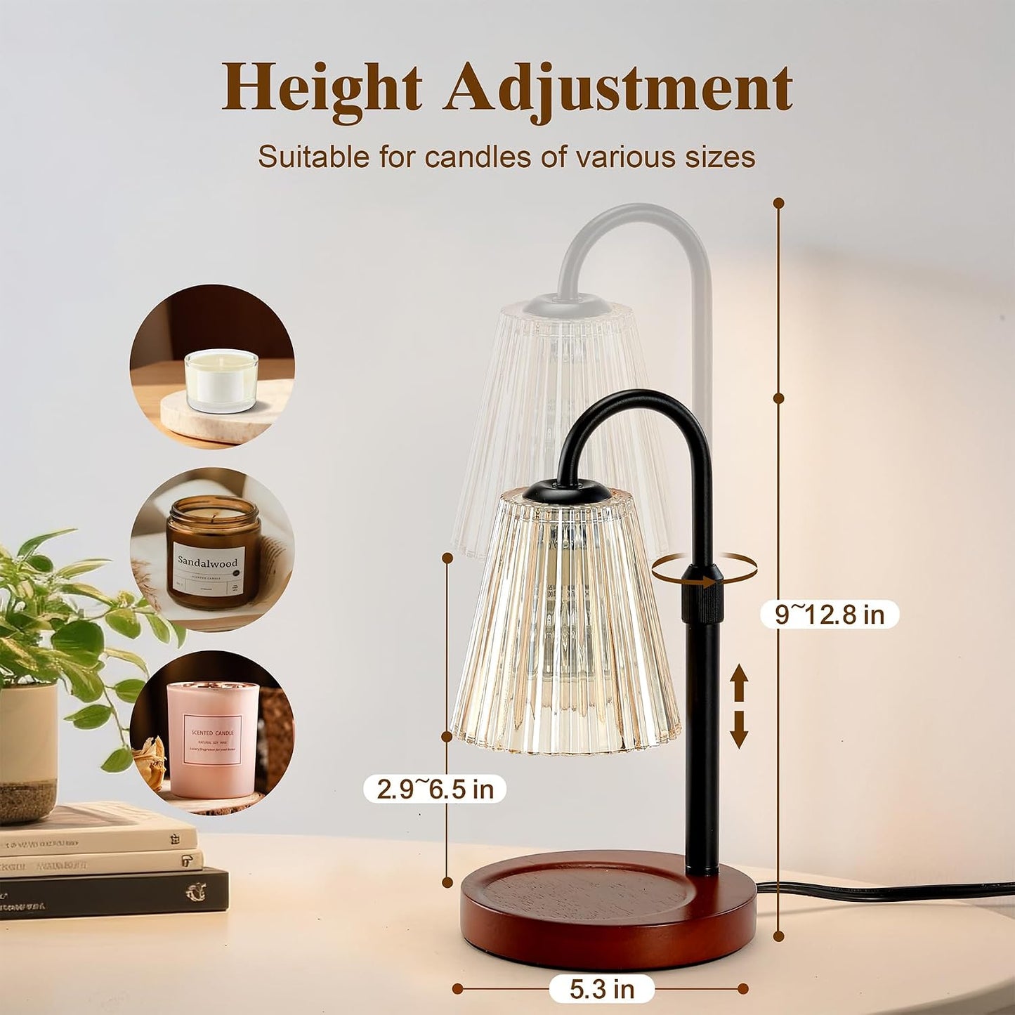 Briever Electric Candle Warmer Lamp with Timer Dimmer, Adjustable Height Wax Melter Warmer for Jar Candles, House Warming Gifts for New Home Decor, Birthday Gifts for Women, Walnut Wooden Base