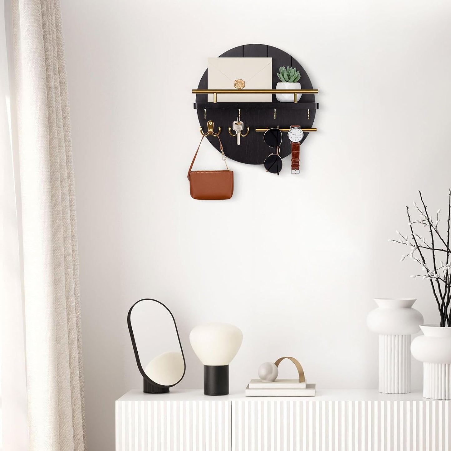 Nekon Key Holder Wall Mount, 11.8” Wood Mail Organizer for Wall, Brown | Round Wall Shelf with 6 Key Hooks, Rustic Key and Mail Holder, Key Hanger for Entryway Hallway Kitchen