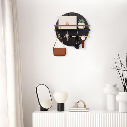 Nekon Key Holder Wall Mount, 11.8” Wood Mail Organizer for Wall, Brown | Round Wall Shelf with 6 Key Hooks, Rustic Key and Mail Holder, Key Hanger for Entryway Hallway Kitchen