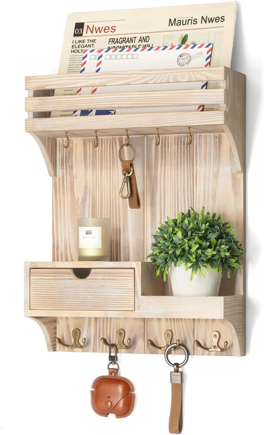 Rebee Vision Key Holder Wall Mount with Drawer Organizer for Entryway,Brown | Pine Wood, 6 Key Hooks, Display Shelf for Plants, Mail Slot for Storage Letter, Multi-Funtional Design, Home Storage
