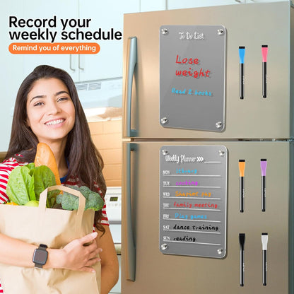 2 Pack Magnetic Acrylic Fridge Calendar Whiteboard Weekly Planner | Weekly Calendar & To-Do List Set. Includes 6 Markers, Towel, 2 Black Backings & 8 Nano Silicone Pads.