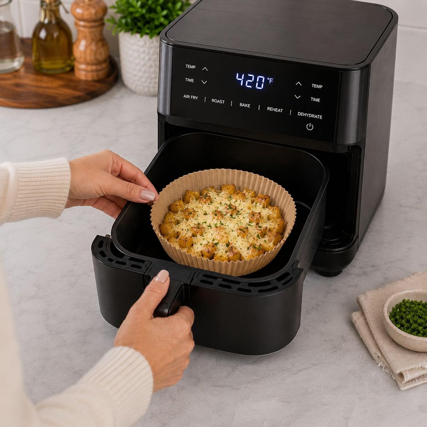 Restaurantware-Pastry Tek 8.1 x 5.5 x 1.8 Inch Air Fryer Liners, 100 Rectangle Air Fryer Baskets - No-Stick Silicone Coating, Unbleached, Food-Grade Paper Liners, For Steamer, Microwave, Oven