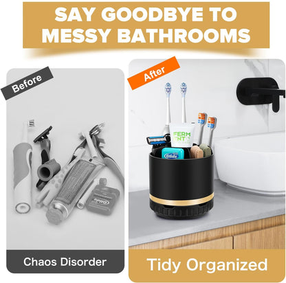GFWARE Rotating Silver Toothbrush Holder for Bathroom Organizer, Drainage | Detachable 6 Slots Kids Electric Toothbrush and Toothpaste Holder, Bathroom Countertop Sink Storage Caddy