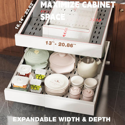 Seinloes Pull Out Cabinet Organizer,4-Side Expandable to Maximize Cabinet Space,Slide Out Drawers with 3 Rail Design,Roll Out Shelf with Raising Pad for Framed Cabinet,13"-21"W x 17"-24"D,White,2 Pack