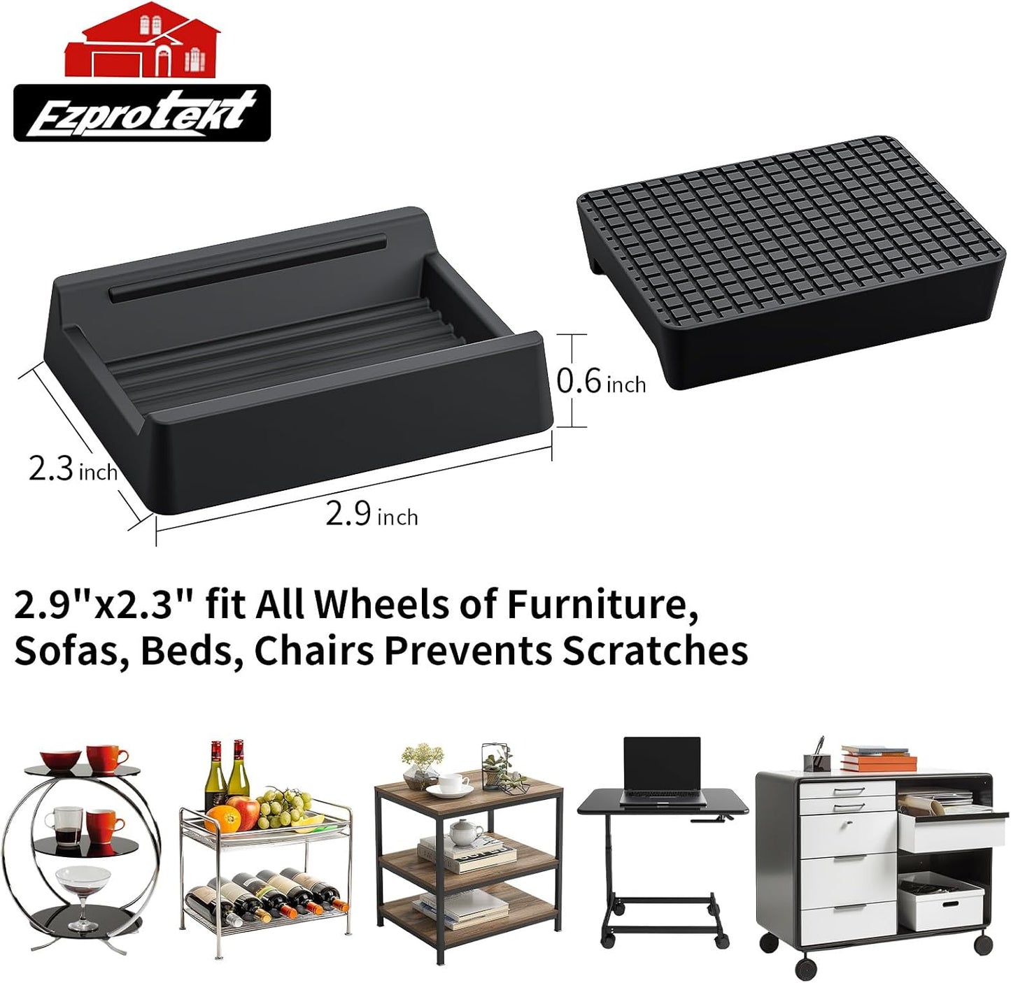 Ezprotekt Rectangle Rubber Caster Cups, 4 Pcs Non Slip Furniture Pads, 2.9" x 2.3" Anti-Slip Furniture Gripper, Furniture Stoppers to Prevent Sliding, Wheel Stoppers for Rolling Furniture (Black)