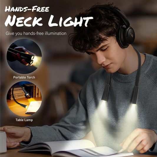 LED Neck Reading Light, Book Light for Reading in Bed, 2 Colors, 4 Brightness Levels, Bendable Arms, Rechargeable, Long Lasting,Comfortable & Lightweight for Reading,Crafting (Black-typec)