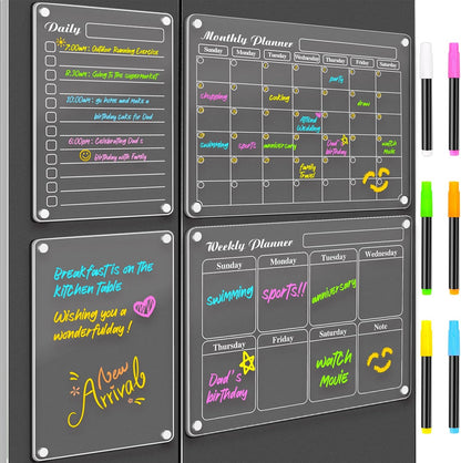DIYMAG Magnetic Calendar, Fridge Magnets for Whiteboard 4 PCS Dry Erase | Clear Monthly Weekly Daily Memo Acrylic Planning Boards Apartment Essentials for Refrigerator