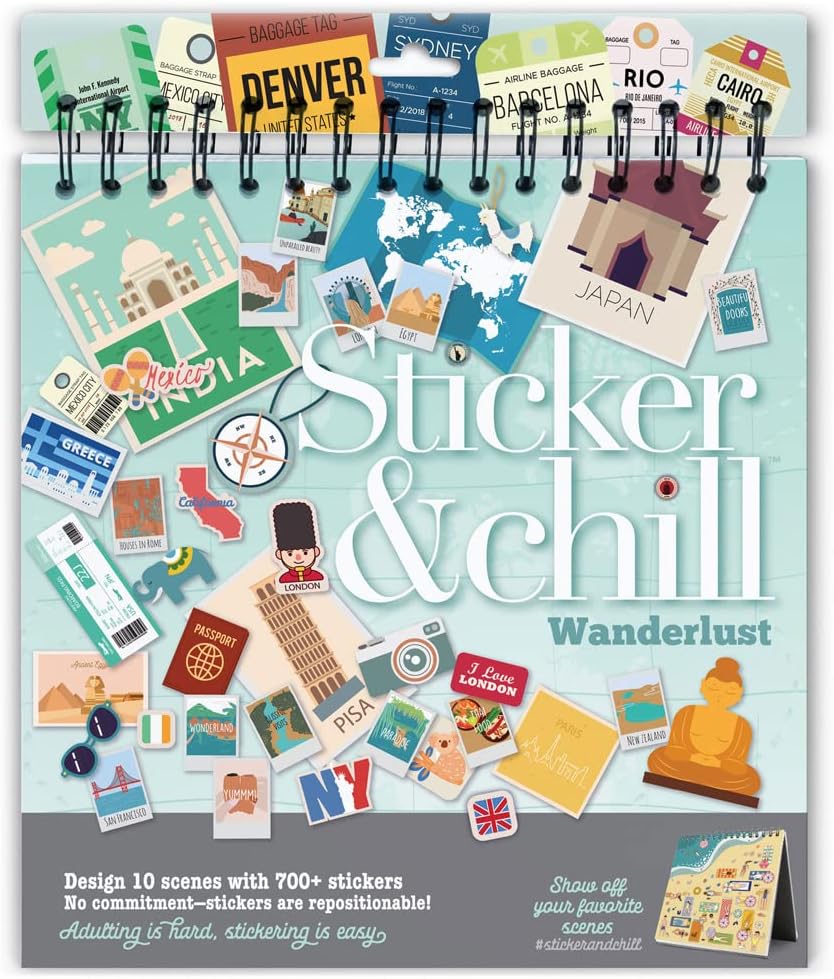Sticker & Chill Sticker Book for Adults – 700+ Repositionable Colorful Clings Create Designs on 10 Spiral Bound Scene Pages – Easy, Fun & Stress Relieving Relaxation Activity – Wanderlust Series
