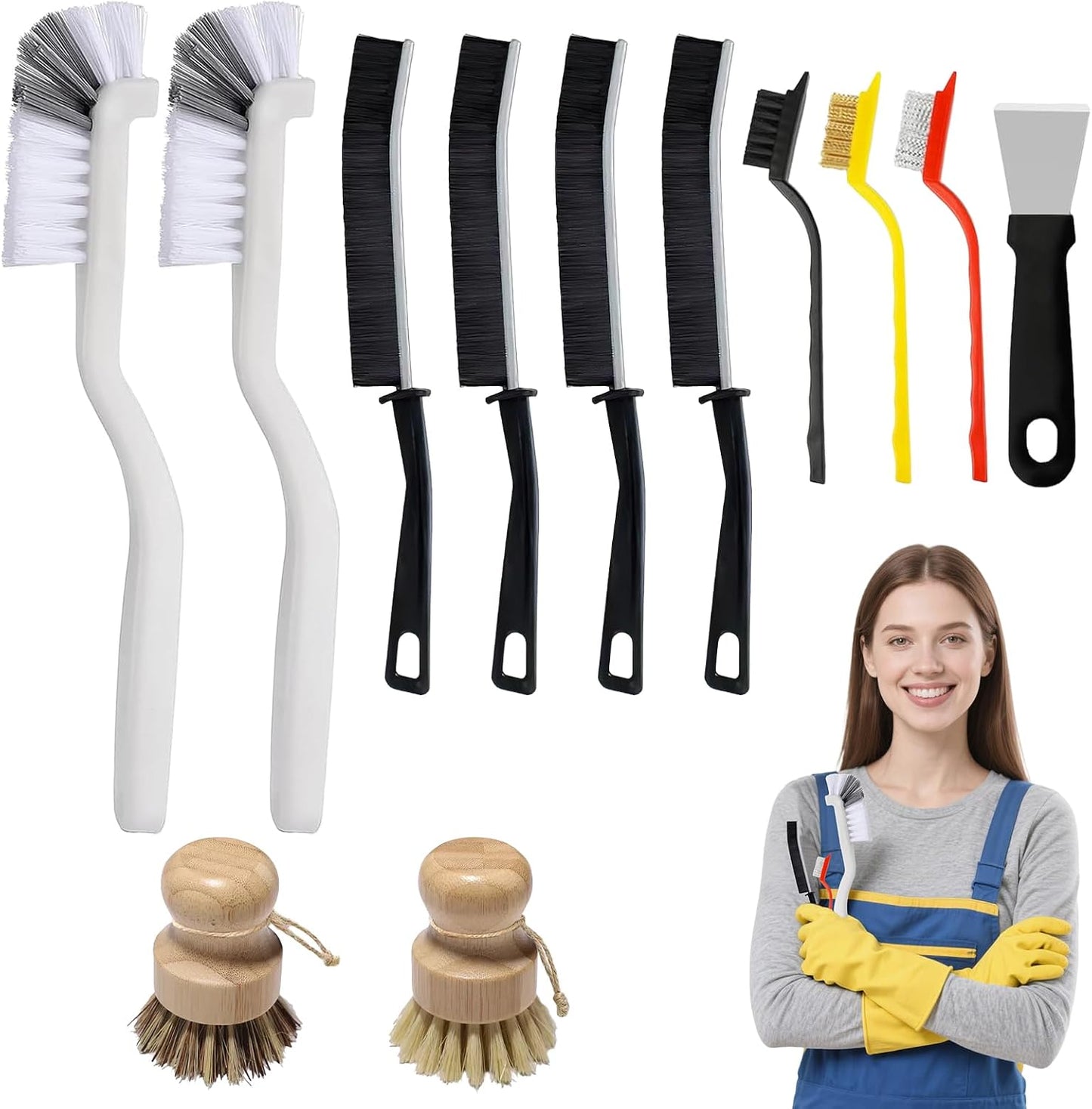 12Pcs Crevice Cleaning Brush Set, Hard Bristle Multi-Purpose Household Cleaning Tools for Kitchen Bathroom Tile Grout Window Track, Bamboo Pot Brush + Copper Wire Brush + Scraper