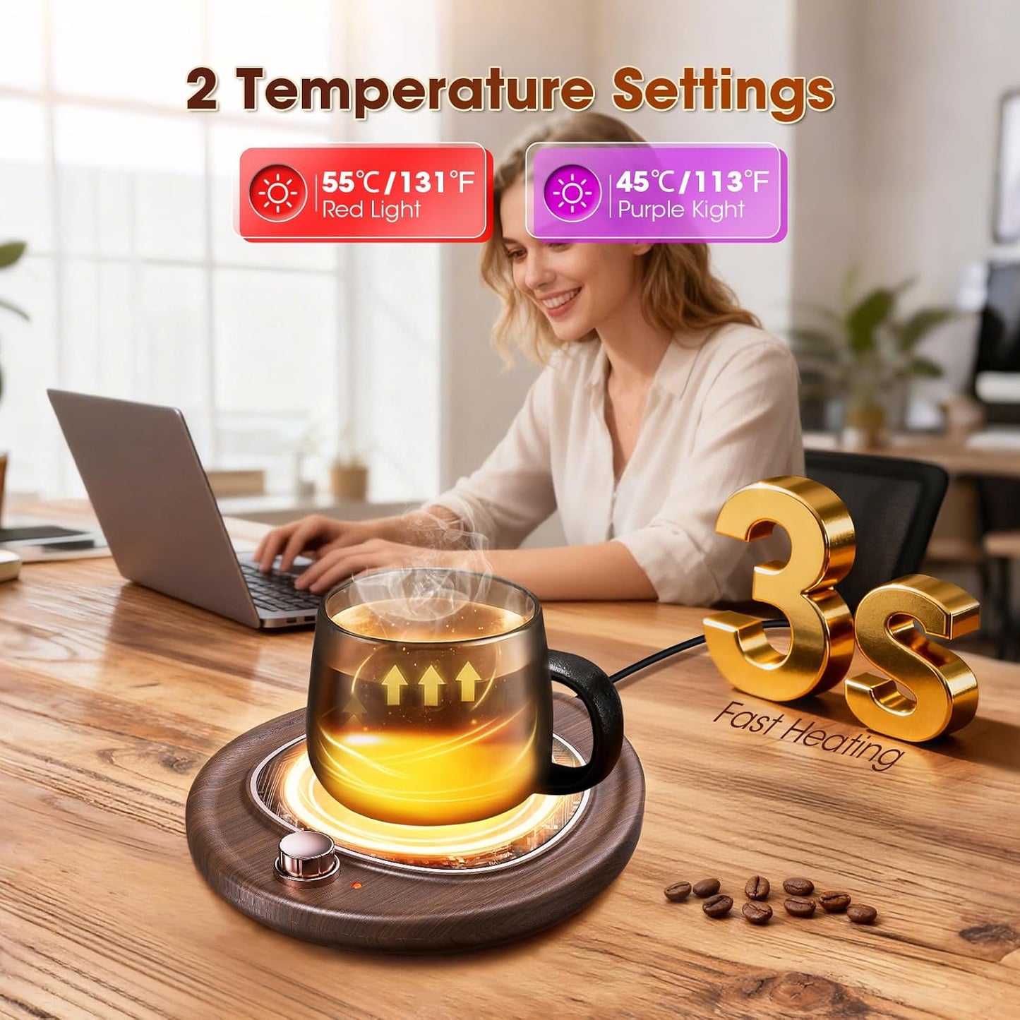 Coffee Mug Warmer - Large Candle Warmer Plate, 2-Temp Setting (131℉ & 113℉) & Fast Heating, Elegant Desk Warmer for Coffee/Tea/Milk/Candle, Ideal Office Home Gift (Black)
