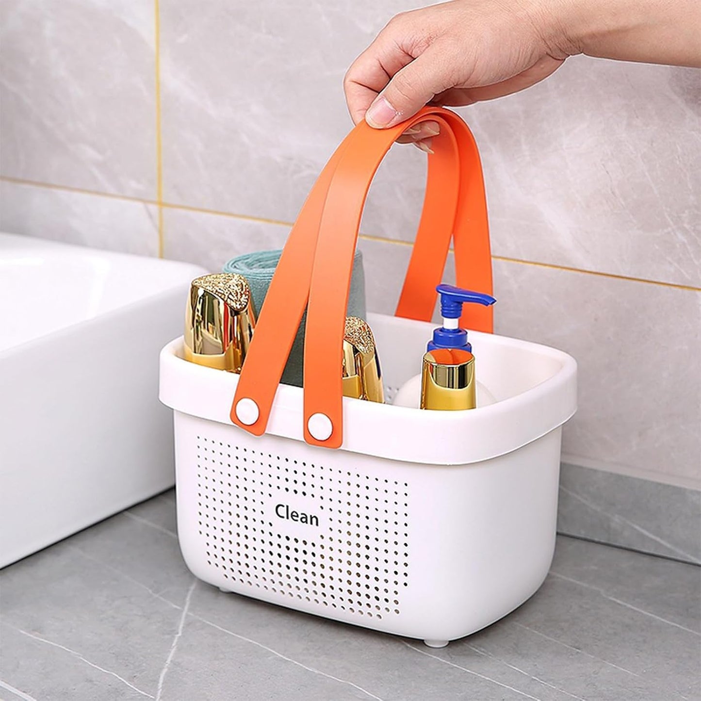 JiatuA Plastic Storage Basket with Handle Portable Shower Caddy Tote Organizer Basket Bin for Bathroom Kitchen Dorm Room Bedroom, Green | Sturdy Drainage Large Capacity Organizer Basket with Silicone Handles for Bathroom Kitchen Bedroom College Dorm