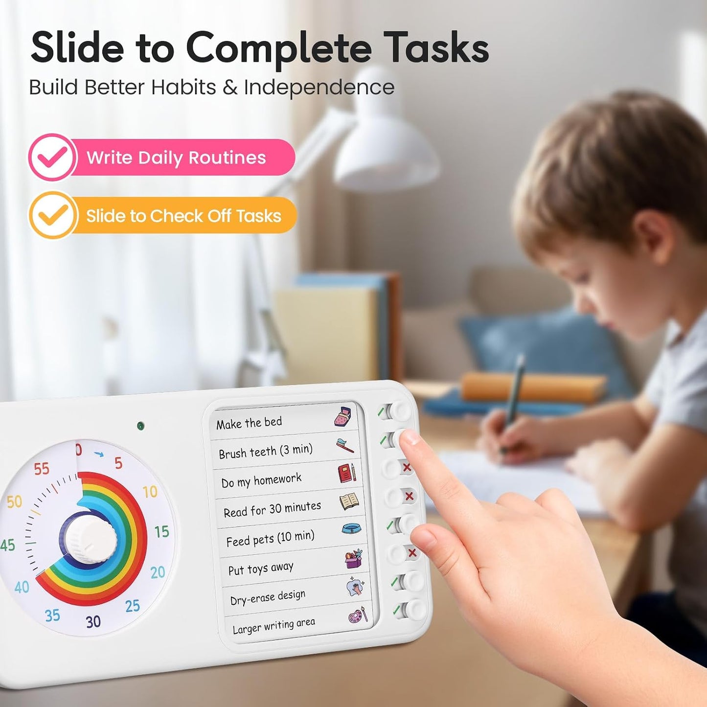 2-in-1 Visual Timer ADHD with Task Board, to-Do List, Checklist | Dry Erase Chore Chart and Visual Schedule for Kids ADHD, Rainbow Countdown Timer for Classroom, Home, Homeschool (White)