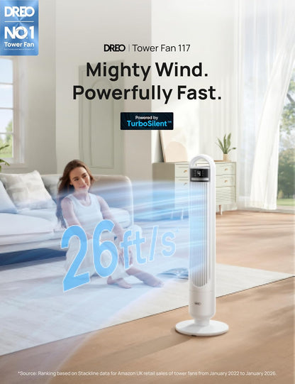 DREO Tower Fan for Bedroom, 26ft/s Velocity, 90° Oscillating, 8H Timer | 4 Speeds, 3 Modes, 28dB Quiet Standing Fan, Floor Fan for Room, Living Room, Office, Home, Cooling Fan with Remote, Black