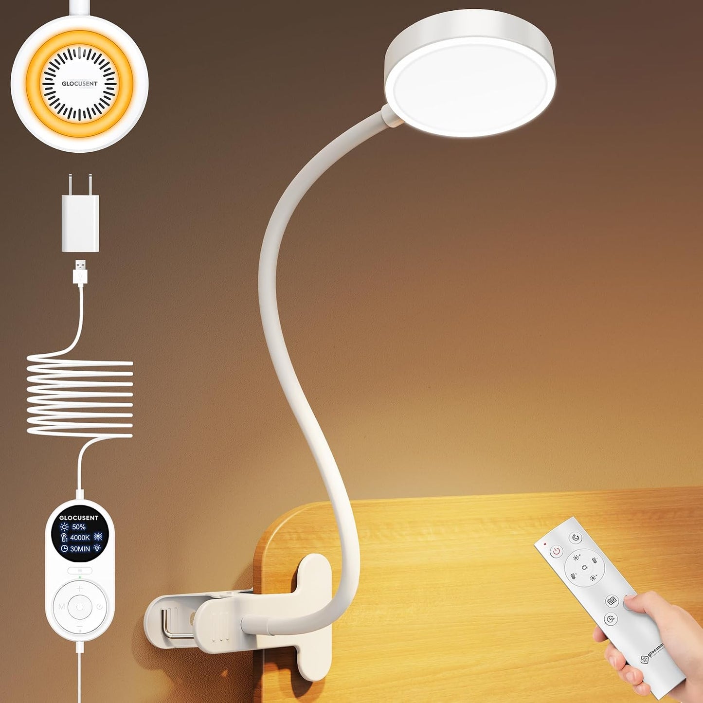 Glocusent 72 LED Desk Lamp, Bed Lamp with Amber Ring& Amber Mode | 3 Colors & 5 Brightness, 2.75" Clamp & 30Min Timer, USB Powered with Remote, Clamp Light for Headboard/Dorm/Bunk/Work/Craft