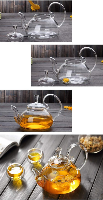 Glass Filtering Tea Maker Teapot with a Warmer and 6 Double-walled Tea Cups Set (Heating base, Standard)