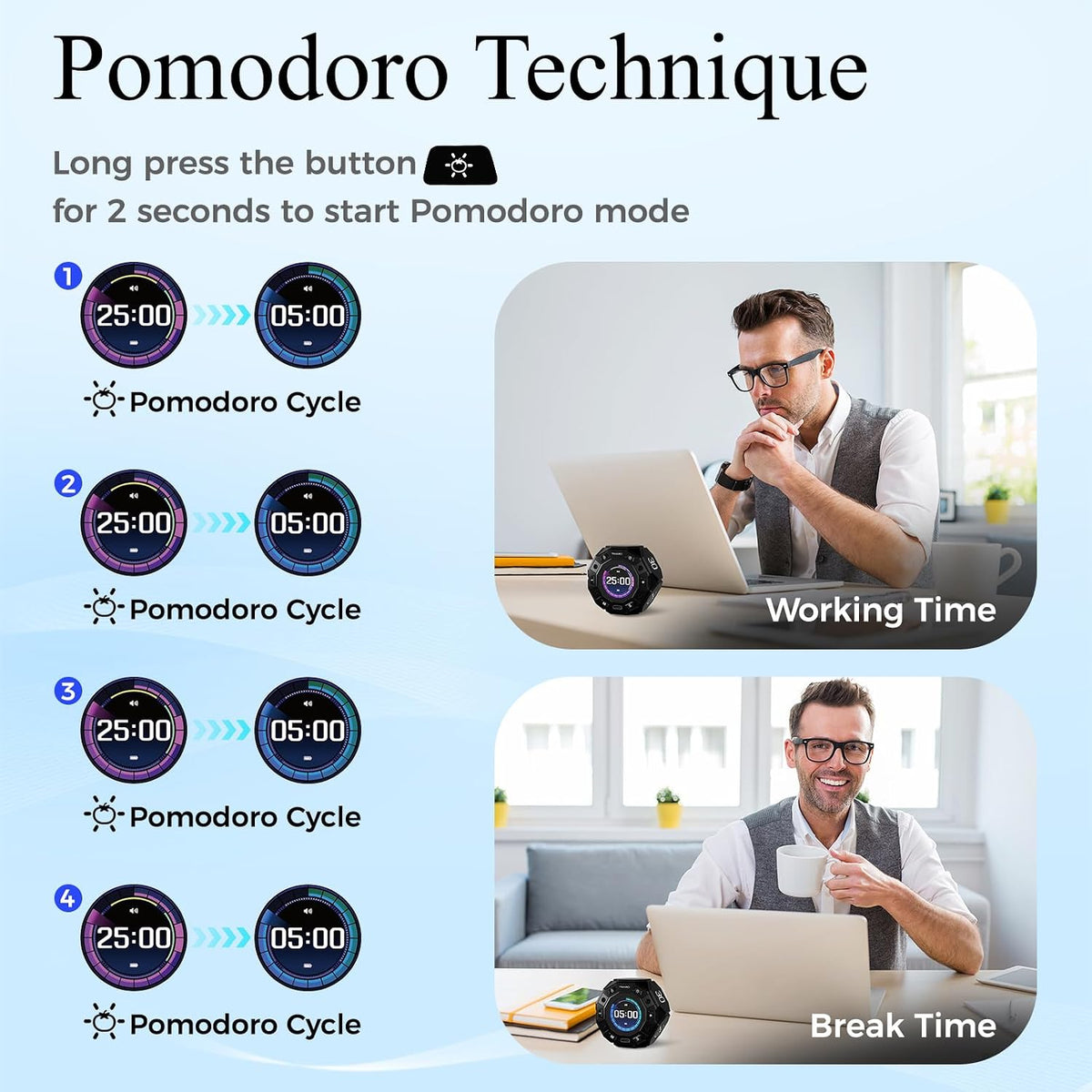 TIMARO Pomodoro Timer with 3/5/10/25/30 Min Presets for Productivity