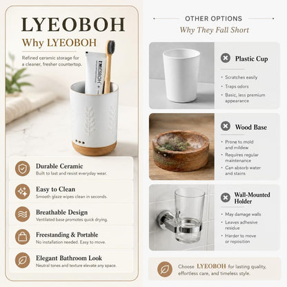 LYEOBOH Ceramic Toothbrush Cup, Cute Toothbrush Holder with Drainage White | Farmhouse Toothbrush Container, Countertop Toothbrush Organizer, Toothbrush Storage for Bathroom Vanity & Countertop