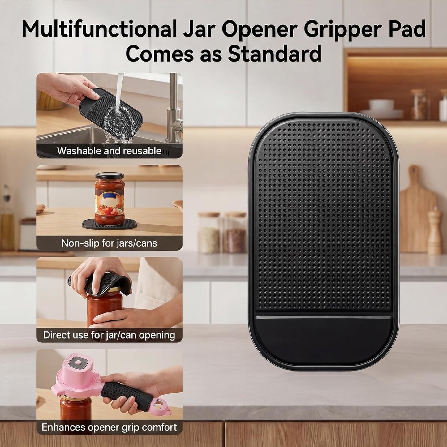 Electric Jar Opener for Seniors with Arthritis, TFCC & Weak Hands Black | Patented Power-Grip Auto-Tighten Manual Lid Opener, Rechargeable 2-in-1 Jar & Bottle Opener with Storage Hook & Non-Slip Pad