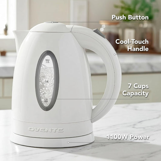 OVENTE 1.7L Electric Tea Kettle, 1100W BPA-Free Water Boiler, White KP72W