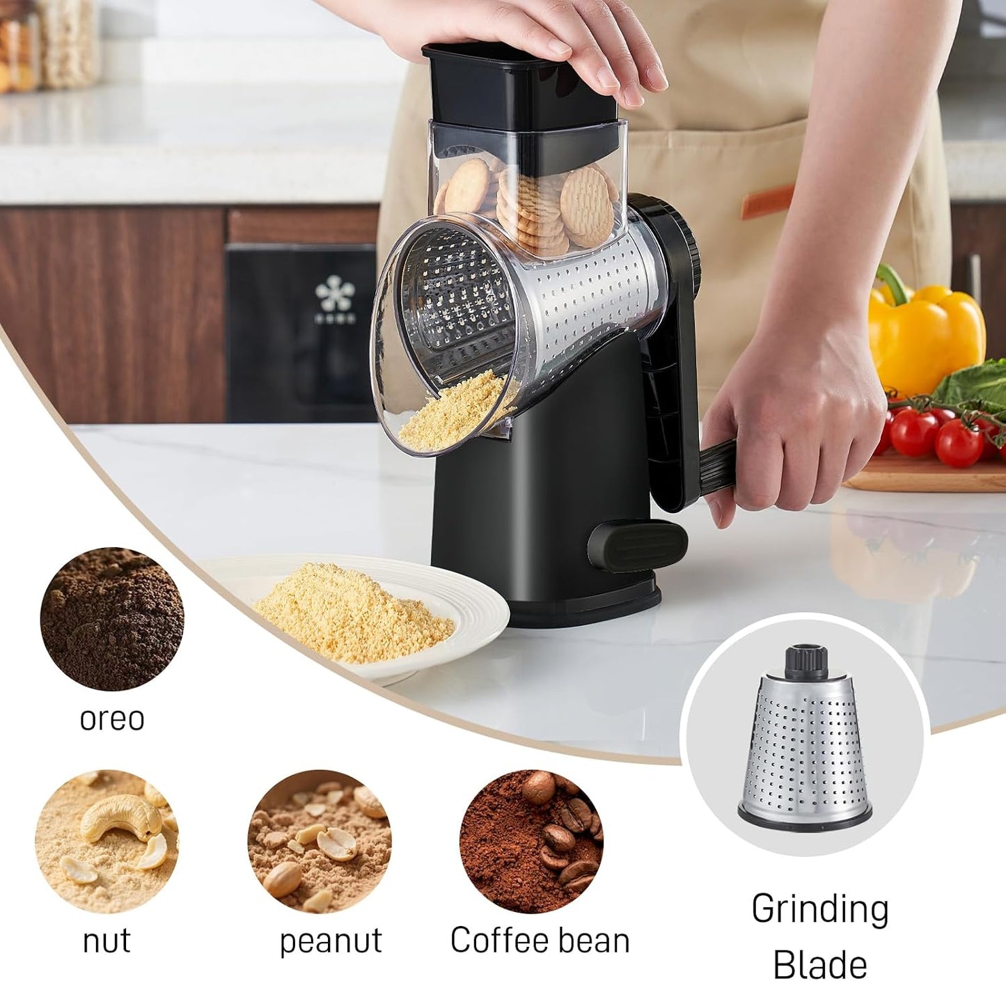Weltonhm 4 in 1 Large Rotary Cheese Grater Hand Crank (black, 3 Graters) | Cheese Shredder Rotary and Slicer with 4 Stainless Steel Blades for Vegetables, Veggie and Cheese, Stronger Suction Base