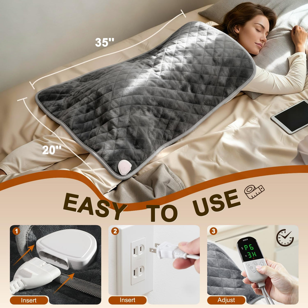 Electric Heating Pad for Back Neck & Shoulders, 35"x20" King Size, Velvet