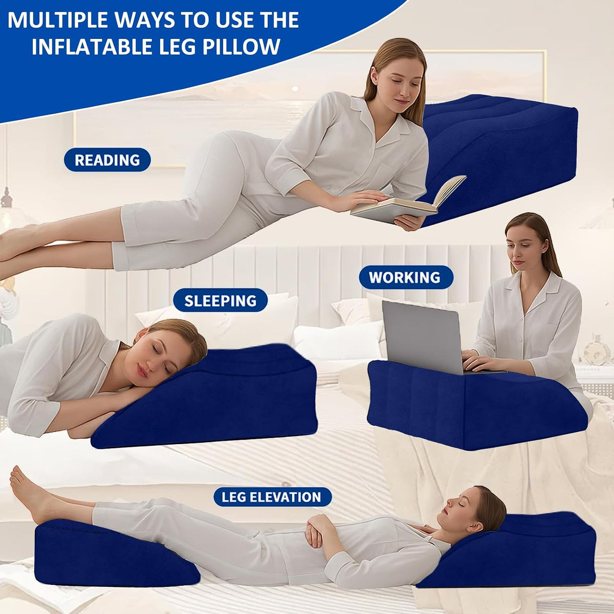 Portable Inflatable Wedge Leg Elevation Pillow - Foldable 45 Degree Wedge Leg Bolster Pillow Use in Bed, Adjustable Incline for Sleeping,Travel,Back Support,Reduce Swelling, Improve Circulation (Grey)