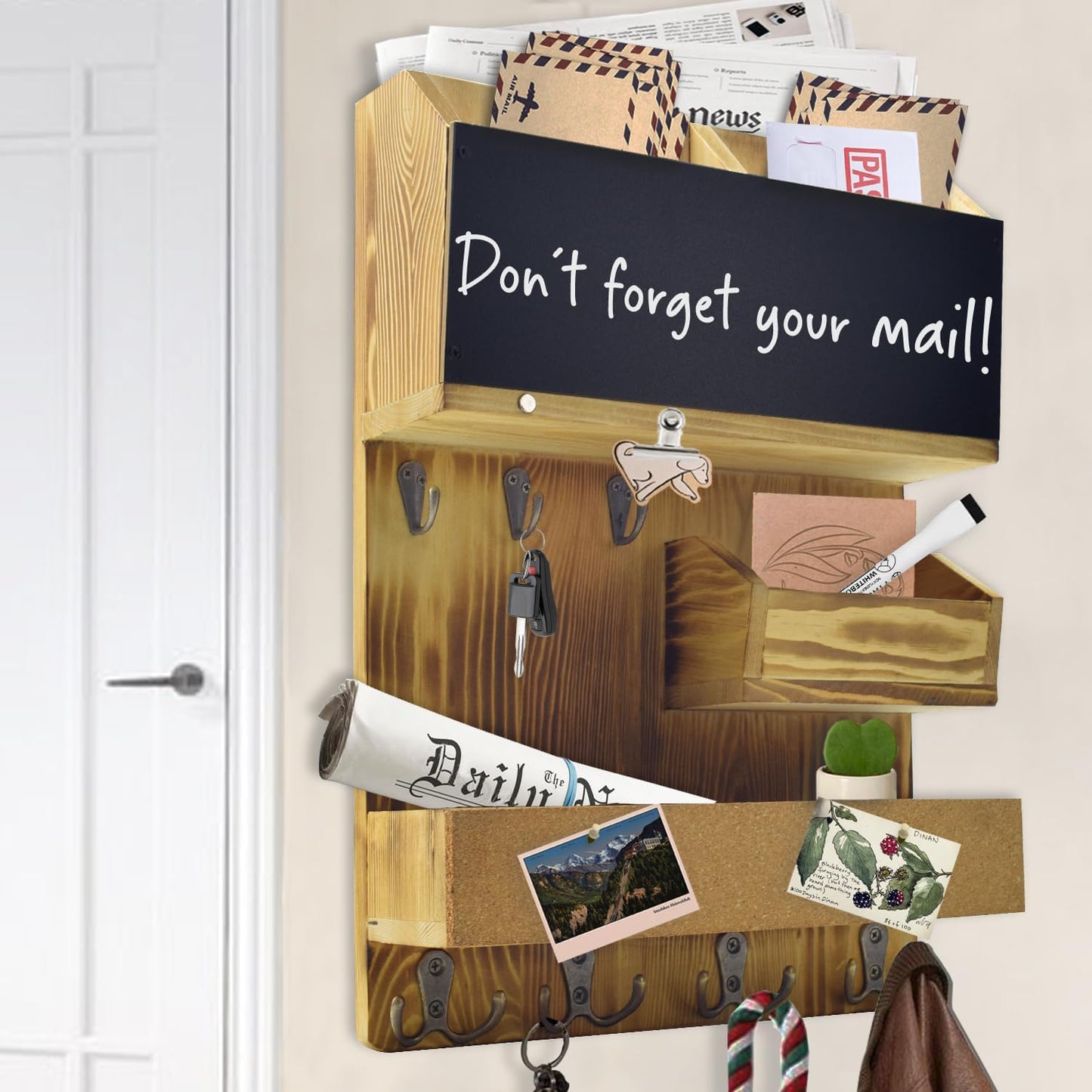 Key Holder for Wall Mount with Shelf and Mail Organizer, Key and Mail Holder with 16 Hooks, Farmhouse Entryway Organizer, Home Decor Rack (Pine Wood, White Washed)