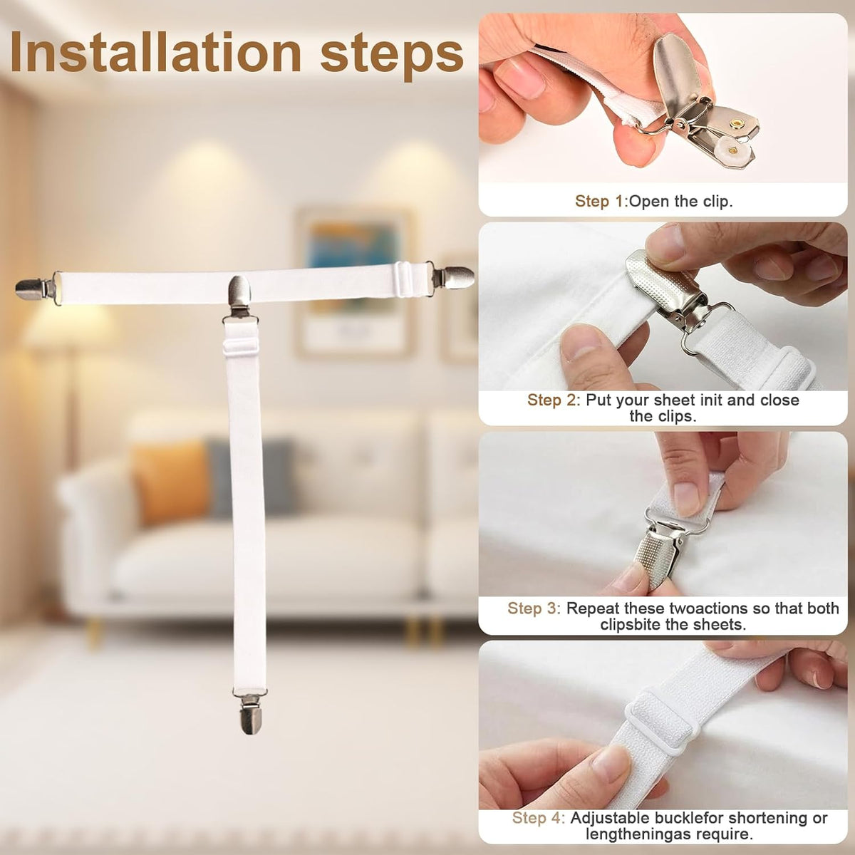 Adjustable Elastic Sheet Straps, Anti-Slip Corner Grips 4 PCS White