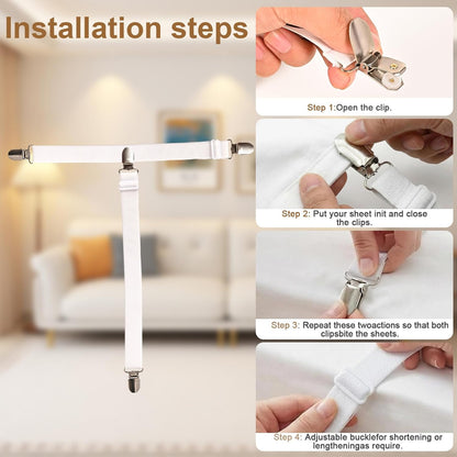 Adjustable Elastic Sheet Straps, Anti-Slip Corner Grips 4 PCS White