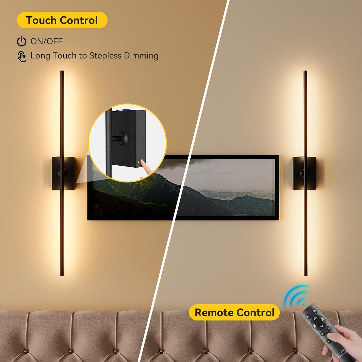 Battery Operated Wall Sconces Set of 2, Remote Control, 10000mAh, Black