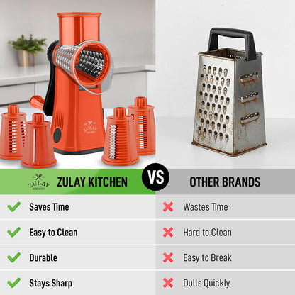 Zulay Kitchen Rotary Cheese Grater 5 Blade Cheese Shredder - Manual Hand Crank Cheese Grater With Reinforced Suction & 5 Interchangeable Drums - Easy to Use, Vegetable Chopper Round Mandoline Slicer - Colors B