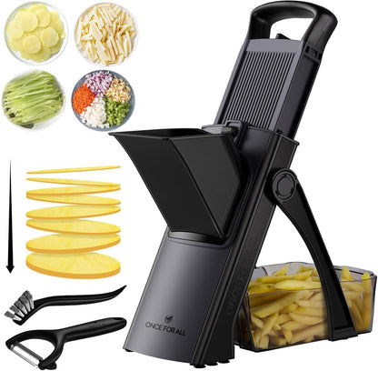 ONCE FOR ALL Safe Mandoline Slicer Plus, Bigger Size, Potato Slicer, Black | 0.1-8mm Adjustable Vegetable Food Chopper, Kitchen Mandoline Slicer Stainless Steel, Detachable Blade, Dishwasher-safe, Gift